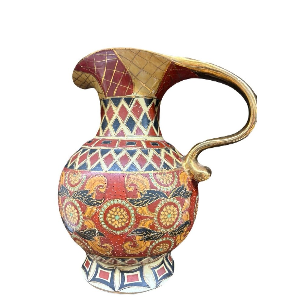 Painted Ceramic Pitcher Red Gold Black Geometric Antique Style with Handles